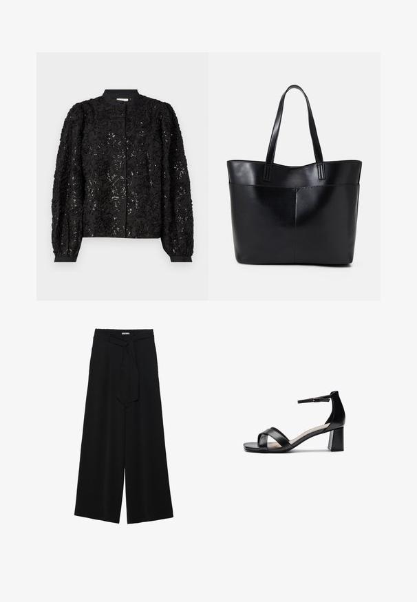 Black floral-textured jacket featuring sequins, rounded collar, and long puffed sleeves with fitted cuffs, enhancing its three-dimensional design.; Black wide-leg pants featuring a textured fabric, an elastic waistband, and a detachable sash tie at the waist for adjustable fit.; Black open-toe heeled sandal with crossed straps, adjustable ankle strap, and a chunky heel, featuring a smooth leather texture.; Black leather tote bag with two long handles, a smooth texture, and a structured shape. Features a front pocket for additional storage.