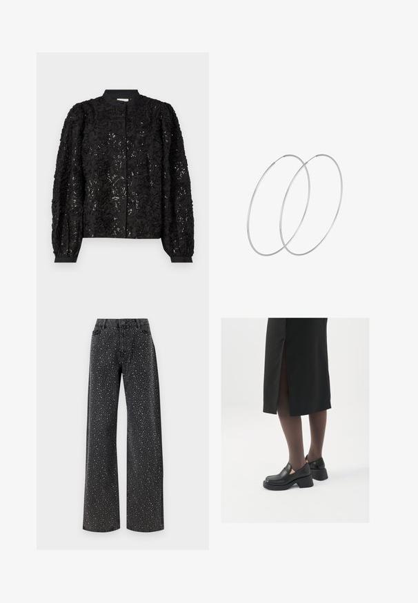 Melna ziedu tekstūras žakete ar pērlītēm, noapaļotu apkakli un garām pūkainām piedurknēm ar pieguļošu aproci, uzsverot tās trīsdimensiju dizainu.; Noisy May NMJANNEL LOOSE - Brīva piegriezuma džinsi - black denim; Melni ādas apavi ar noapaļotu purngalu, biezām bloku papēžiem un elastīgiem sānu akcentiem, apvienoti ar tumšām zeķubiksēm un melnu svārku ar šķirbu.; Sudraba gredzenveida auskari ar minimālistisku dizainu. Cirkulāra forma, gluda tekstūra un plāns profils. Vieglu svaru ar spīdīgu apdari.