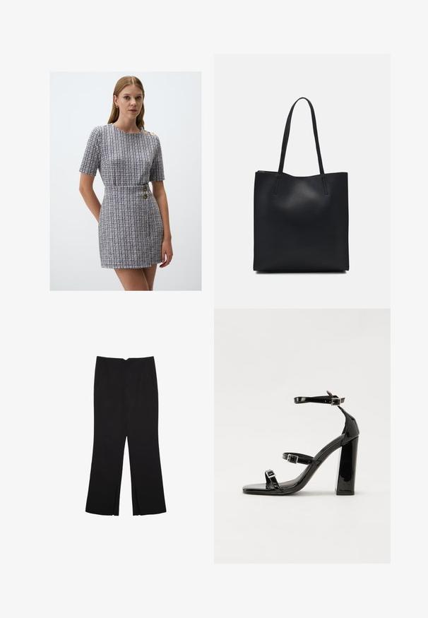 Kurzärmliges Kleid mit schwarz-weißem Karomuster, ausgestattet mit goldenen Knopf-Details und einer taillierten Passform. Strukturiertes Material.; Schwarze Hose mit geradem Schnitt, ausgestattet mit Fronttaschen und Seitenschlitzen am Saum. Hergestellt aus weichem, glattem Stoff. Geeignet für verschiedene Anlässe.; Schwarze Lackleder-Sandalen mit hohen Absätzen, zwei Riemen mit Schnallen, quadratischer Zehenpartie und klobigem Blockabsatz, mit einer glatten, glänzenden Textur.; Schwarze Laptoptasche aus Leder mit glatter Textur, rechteckiger Form und zwei langen Griffen. Keine sichtbaren Beschläge oder Verzierungen.