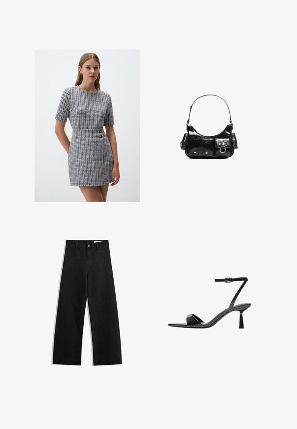 Abito a maniche corte con fantasia a quadretti bianca e nera, caratterizzato da dettagli con bottoni dorati e vita aderente. Materiale testurizzato.; Pantaloni in denim neri a gamba larga con vita alta, dotati di tasche anteriori e posteriori, cuciture a punto, e chiusura con bottone. Texture liscia.; Bershka Sandali con tacco - black; Borsa a spalla in vernice nera con forma curvata, una tracolla, tasche frontali e dettagli in metallo argentato.