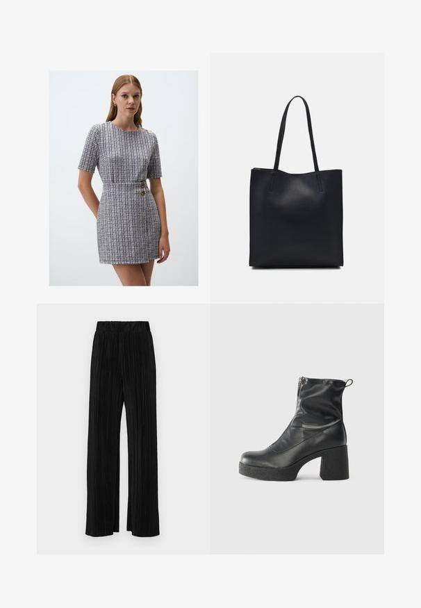 Kurzärmliges Kleid mit schwarz-weißem Karomuster, ausgestattet mit goldenen Knopf-Details und einer taillierten Passform. Strukturiertes Material.; Schwarze plissierte Hose mit elastischem Bund. Verfügt über weite Hosenbeine und einen glatten, strukturierten Stoff mit vertikalen Streifen.; Schwarze Stiefeletten aus glattem Leder mit seitlichem Reißverschluss, klobigem strukturiertem Absatz und runder Zehenform.; Schwarze Laptoptasche aus Leder mit glatter Textur, rechteckiger Form und zwei langen Griffen. Keine sichtbaren Beschläge oder Verzierungen.