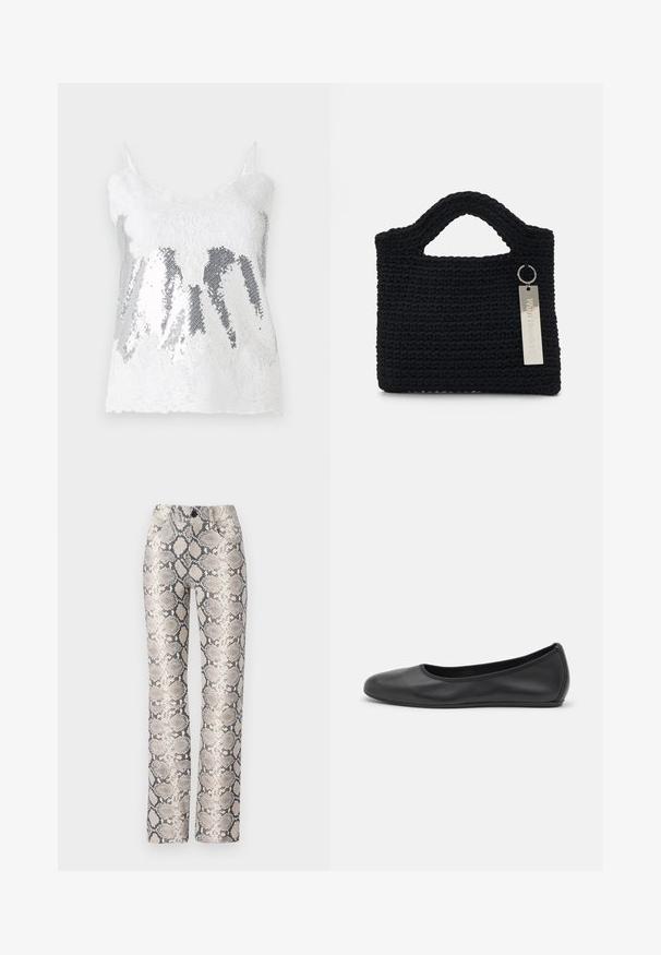 Balts mežģīņu topiņš ar sudrabainu pērlīšu bodi, kas rada gradienta efektu. Regulējamas plānas siksnas un viļņota mežģīņu apakšmalā.; Čūsku raksta bikses bēšā un pelēkā krāsā. Taisnas kājas dizains ar teksturētu apdari un priekšējiem kabatām. Ir pogu aizdare.; Melna ādas baleta kurpe ar noapaļotu purngalu, gludu tekstūru, minimālu šuvju detalizāciju un elastīgu zoles dizainu.; Won Hundred MARSIELLE COMPUTER BAG UNISEX - Klēpjdatora soma - black