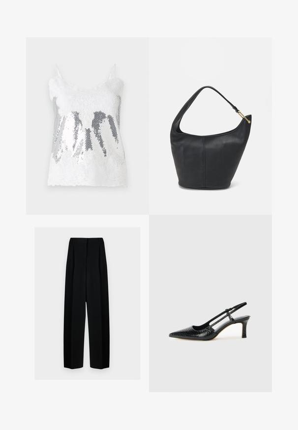 Balta nėriniai marškinėliai su sidabro blizgučiais, kurie sukuria gradientinį efektą. Reguliuojamos plonos petnešos ir banguotas nėrinių apvadas.; Juodos plačios kelnės su aukštu liemeniu, su klostėmis ir glotnia tekstūra. Medžiaga atrodo lengva ir dailiai krenta.; Juodai lakuoti slingback aukštakulniai su smailiu nosiu, su tekstūruotu gyvatės raštu, reguliuojama juosta ir trumpu, tekstūruotu blokiniu kulnu.; Juodas odinis moterų rankinės su apvalia forma, plačiu dirželiu ir tekstūruotu paviršiumi. Yra subtilus siūlės detalizavimas ir auksinės spalvos aparatūra.