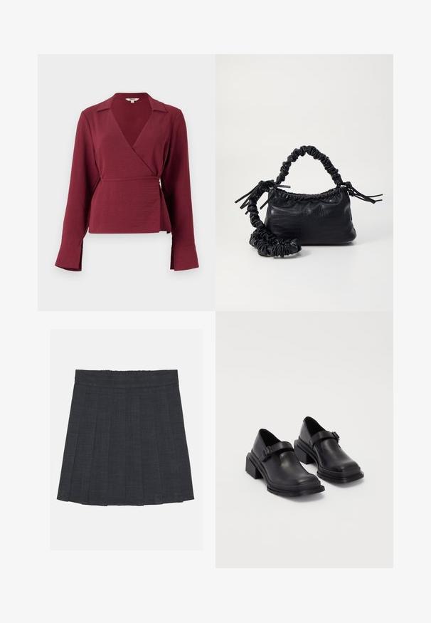Burgunderfarget innpakningsbluse med lange ermer, en skråkrage og en knytedetalj i midjen, laget av et teksturert stoff med utsvingte ermeender.; Mørkegrå plissert skjørt med elastisk midje, med teksturert stoff og en klassisk A-linje silhuett. Passer for hverdagsbruk.; Sorte lærersko med rund tå, flat såle og en rem med spenne-detalj. Kraftig blokkhæl for bedre stabilitet.; Svart faux skinn-håndveske med krokodilletekstur, strammet topp og en rynket stropp. Ser myk og kompakt ut i designen.