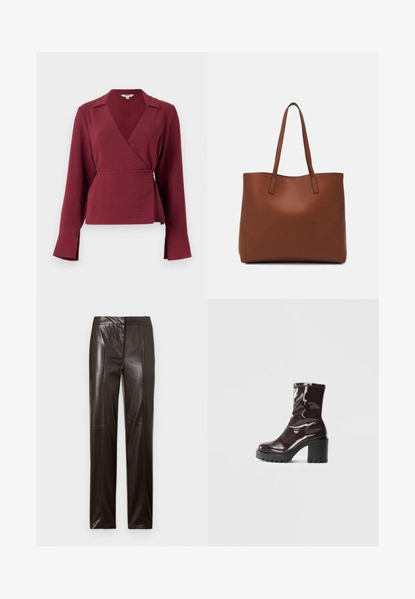Burgunderfarget innpakningsbluse med lange ermer, en skråkrage og en knytedetalj i midjen, laget av et teksturert stoff med utsvingte ermeender.; Mørkebrune skinnbukser med strak benfasong, glattere overflate og diskret sømdetaljering langs fronten.; Glinsende burgunder ankelstøvel med en kraftig svart hæl, med en glatt tekstur og enkelt design. Ingen synlige lukkinger eller mønstre.; Brun lær tote veske med en jevn tekstur, åpen toppdesign og to skulderstropper. Har minimal søm og ingen synlige spiker.