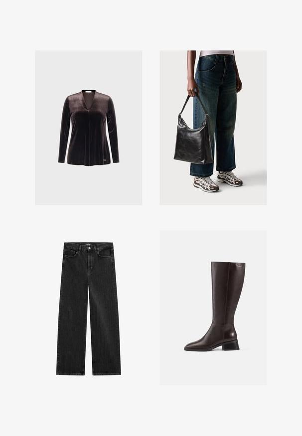 Mörk sammet långärmad topp med djup V-ringning, slät textur och minimalistisk design. Har en subtil logotyp på fållen.; Bredbenta svarta denimjeans med ett subtilt vertikalt randmönster, med femfickorsdesign och en klassisk knäppning i midjan.; Knähöga bruna läderstövlar med en slät finish, rund tå och en staplad svart klack. Enkel design med minimala hårdvarudetaljer.; Svart läderaxelväska med en slät yta och justerbar rem, i kombination med urtvättade vida jeans och sportiga sneakers.