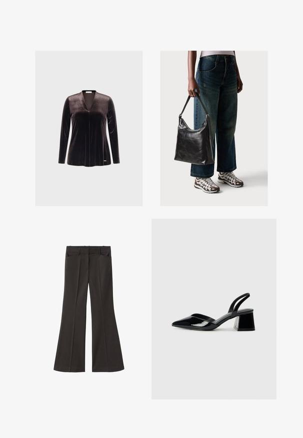 Mørk fløjl langærmet top med dyb V-udskæring, glat tekstur og minimalistisk design. Har et subtilt logo på kanten.; Sorte flagrende bukser med høj talje; har to forlommer og en glat stofstruktur. Egnet til forskellige anledninger.; Sorte patentlæder slingback hæle med spids tå og en geometrisk blok hæl. Har et elegant, minimalistisk design og en glat tekstur.; Sort læder skuldertaske med en glat tekstur og justerbar skulderrem, parret med faded brede bukser og atletiske sneakers.