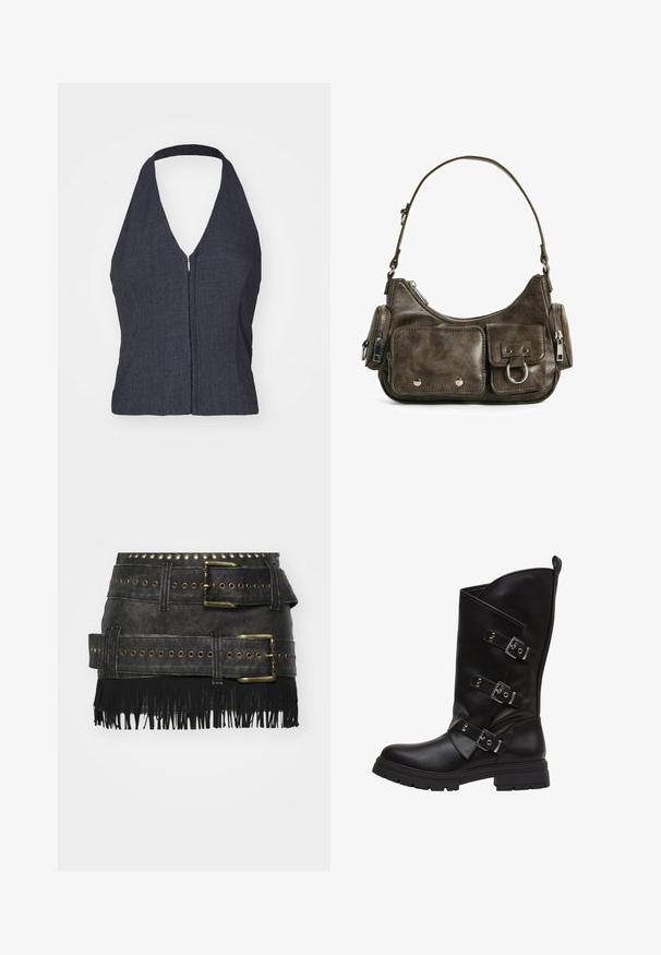 Top halter in denim scuro con scollatura a V profonda, chiusura con zip frontale e design aderente. Texture liscia e stile minimalista.; Gonna nera in faux pelle con grandi fibbie metalliche, dettagli con occhielli e frange all'orlo. Design strutturato con più cinghie.; Stivale in pelle nera fino al ginocchio con tre fibbie argentate regolabili sul lato esterno, finitura testurizzata e suola in gomma spessa.; Borsa a tracolla in pelle verde scuro con forma curvata, tasche con zip e tasca anteriore con patta. Presenta accessori in argento e una finitura texture.