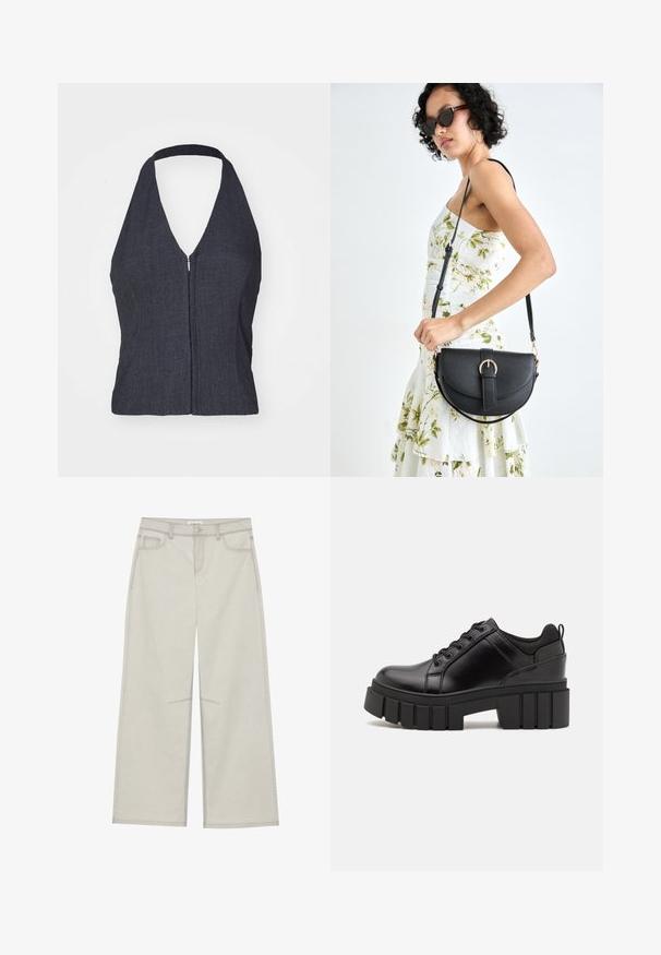 Tamna traper halter majica s dubokim V-izrezom, zatvaranjem na prednjem dijelu s patent-zatvaračem i uskim dizajnom. Glatka tekstura i minimalistički stil.; Svijetlosivi široki hlače s pet džepova, prednjim kopčanjem na dugme i kontrastnim šavovima. Tkanina izgleda mekano i izdržljivo.; Crne kožne platforme s debelim blok-peta, okruglim prstima i klasičnim dizajnom vezanja. Imaju gladak tekstur i minimalne detalje.; Crna kožna torba s lukovitim oblikom, odvojivim remenom i zlatnim detaljima. Torba ima preklop s kopčom.