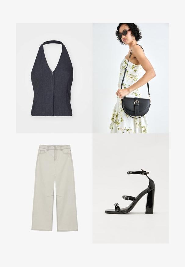 Dark denim halter top with a deep V-neckline, front zipper closure, and fitted design. Smooth texture and minimalistic style.; Light gray wide-leg pants with five pockets, front button closure, and contrast stitching along seams. Fabric appears soft and durable.; Black patent heeled sandals with a square toe, ankle straps, and silver buckles. Features a chunky block heel for stability.; Black leather handbag with a curved shape, detachable strap, and gold hardware. The bag features a flap with a buckle detail.