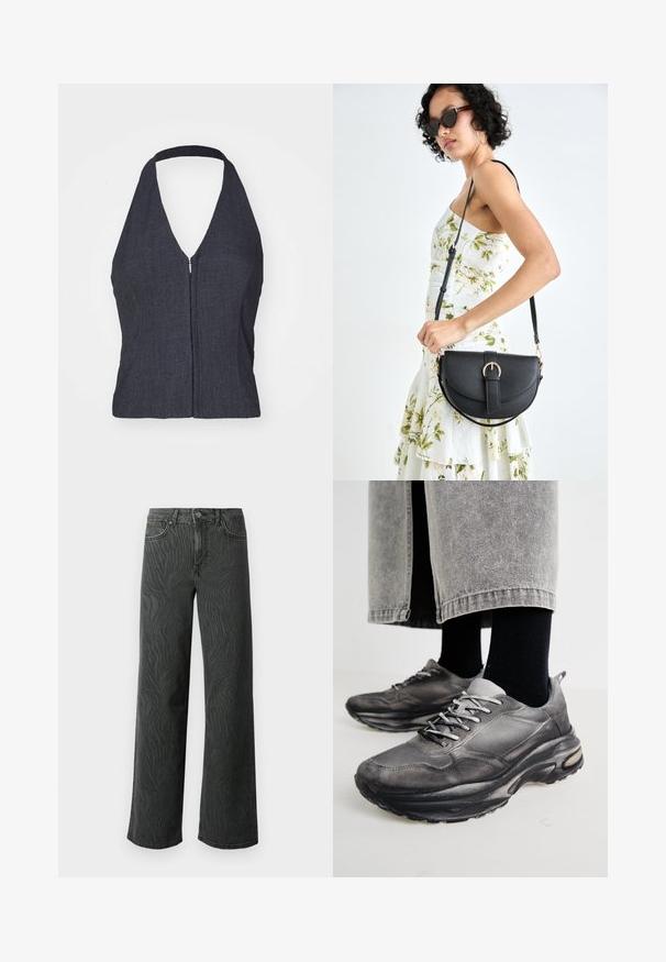 Dark denim halter top with a deep V-neckline, front zipper closure, and fitted design. Smooth texture and minimalistic style.; Wide-leg jeans in dark gray denim, featuring a subtle zebra-pattern texture, contrast stitching, and five-pocket design with a button fly.; Black and gray athletic shoes feature a mesh upper, thick soles, and laces. They have a rounded toe and visible cushioning detail.; Black leather handbag with a curved shape, detachable strap, and gold hardware. The bag features a flap with a buckle detail.
