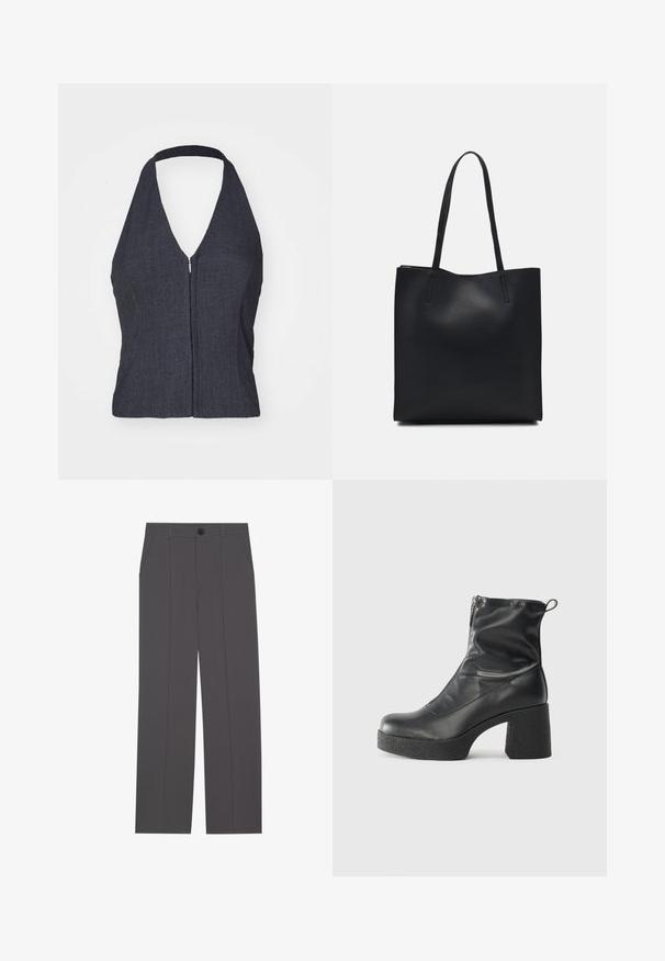 Top halter em denim escuro com um decote em V profundo, fecho de zíper frontal e design justo. Textura suave e estilo minimalista.; Calças cinzas com um design de perna reta, apresentando dois bolsos laterais e um fecho de botão. Tecido suave sem padrões ou detalhes visíveis.; Botas de tornozelo pretas feitas de couro liso, com fecho lateral, salto grosso texturizado e design de bico arredondado.; Bolsa tote preta em couro com textura lisa, forma retangular e duas alças longas. Sem hardware ou enfeites visíveis.