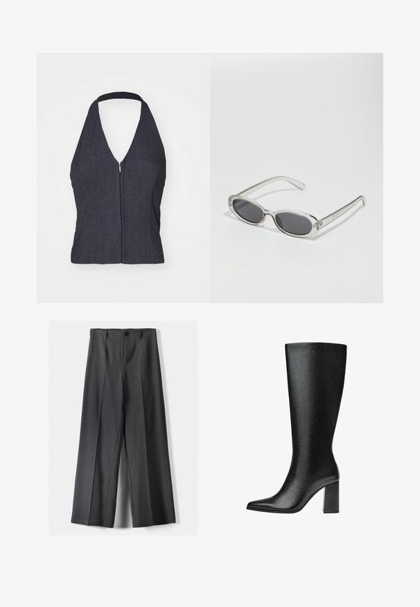 Temno modra halter majica z globokim V-izrezom, sprednjim zadrgo in prilegajočim oblikovanjem. Gladka tekstura in minimalističen slog.; Hlače širokega kroja v temno sivi tkanini, z gumbnim zapenjanjem, sprednjimi naborki in zankami za pas. Gladka tekstura s prilagojenim dizajnom.; Črne škornje do kolen iz umetnega usnja s koničastim nosom, gladko teksturo in debelim blok peto. Minimalistična zasnova brez vidnih dodatkov.; Sončna očala ovalne oblike, prozoren plastičen okvir, temno sivi leči in tanke prozorne roke z logotipnimi akcenti in minimalnimi detajli.