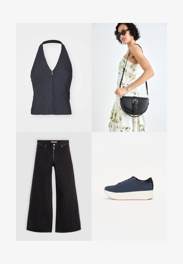 Mørk denim halterneck-top med dyb V-udskæring, lynlåslukning foran og tætsiddende design. Glat tekstur og minimalistisk stil.; Vide ben jeans i sort denim med lynlås foran, fem lomme-design og subtile stikninger. Glat tekstur og afslappet stil.; Mørkeblå sneakers med en struktureret stofoverdel, hvid platformssål, rund tå og sort hælakkent. Har seks snøreøjer til snørebånd.; Sort læderhåndtaske med en buet form, aftagelig rem og guldfinish. Tasken har en klap med en spænde detalje.