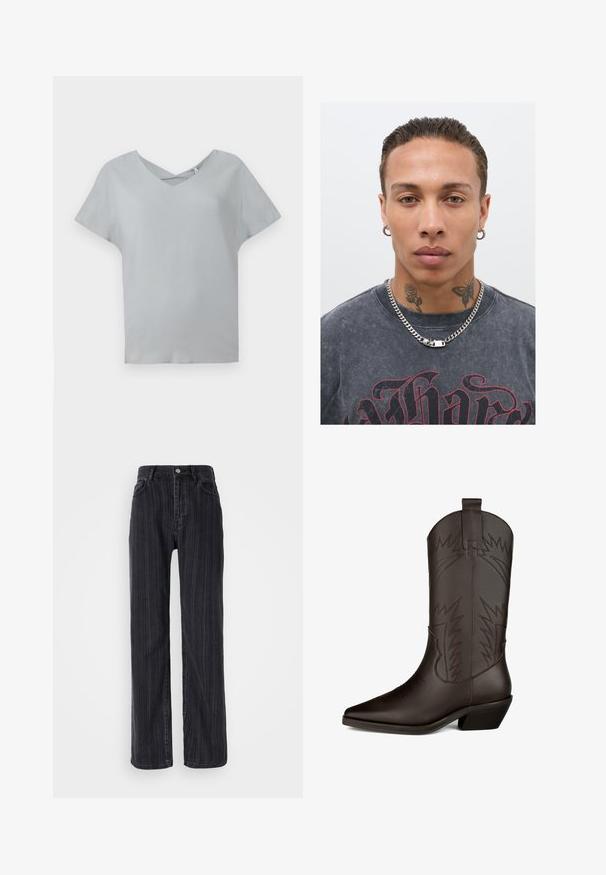 Haut gris clair à manches courtes avec un col en V et un détail croisé au niveau du col, fabriqué à partir d'un tissu doux avec une texture lisse.; Jean en denim noir taille haute avec un motif rayé vertical, coupe droite et fermeture à bouton métallique à l'avant.; Botte de cowboy en cuir marron avec un bout pointu, une tige haute, des coutures décoratives ressemblant à des éclairs et un talon carré.; T-shirt graphique noir avec impression rouge, collier en chaîne argenté et plusieurs tatouages faciaux, y compris une rose et un papillon, sur un fond uni.