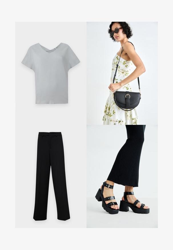 Light gray short-sleeve top with a V-neck and crossed detail at the neckline, made from soft fabric with a smooth texture.; Black wide-leg trousers made of smooth fabric, featuring a classic waistband with a button closure and front pleats.; Black platform sandals with chunky, lug soles and multiple straps, featuring metal buckles and a smooth leather-like texture.; Black leather handbag with a curved shape, detachable strap, and gold hardware. The bag features a flap with a buckle detail.