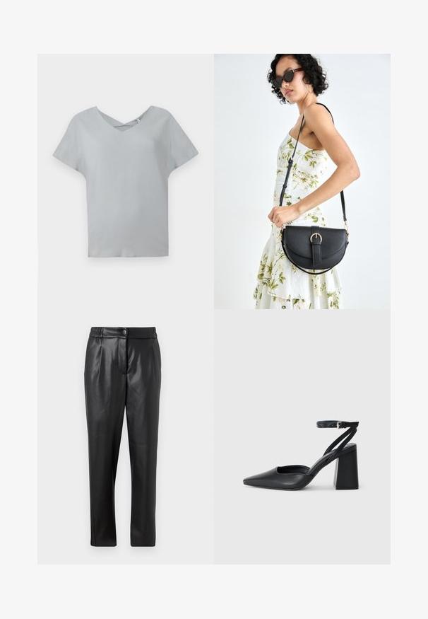 Top gris claro de manga corta con escote en V y detalle cruzado en el escote, hecho de una tela suave con una textura lisa.; Pantalones de cuero negro con una textura suave, corte recto, cintura elástica y cierre frontal con botón; detalle de pliegues y piernas ajustadas.; Zapato de tacón puntiagudo de cuero negro con tira en el tobillo y tacón ancho. Textura plana, diseño elegante y estética minimalista.; Bolso de piel negra con forma curva, correa desmontable y herrajes dorados. El bolso cuenta con una solapa con un detalle de hebilla.