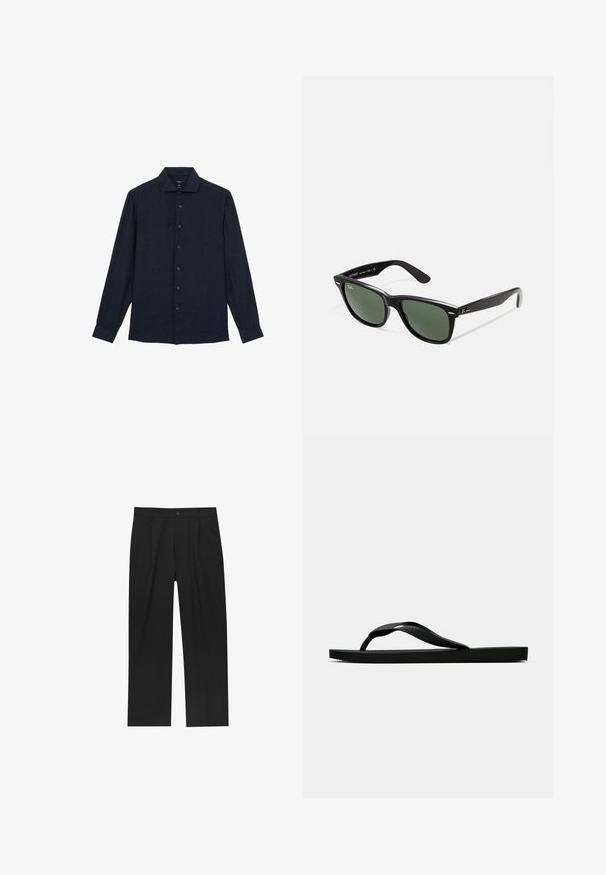 Reiss REGULAR FIT - RUBAN BUTTON-THROUGH - Hemd - navy; Schwarzes Baumwoll-T-Shirt mit kurzen Ärmeln und Rundhalsausschnitt. Mit weißen Aufdrucken "ALLSAINTS" und "LONDON" auf der linken Brustseite.; Schwarze Hose mit geradem Schnitt, aus einem glatten Stoff gefertigt. Verfügt über Vorderfalten und einen einzelnen Knopfverschluss an der Taille.; Schwarze Gummi-Flip-Flop-Sandale mit einem strukturierten Riemen und einfacher flacher Sohle, von der Seite auf einem schlichten hellen Hintergrund dargestellt.; Schwarze Plastiksonnenbrille mit grünen Gläsern, quadratischen Rahmen, silbernem Akzent auf der Augenbraue und strukturierten Bügeln. Angegebene Marke auf dem inneren Bügel.