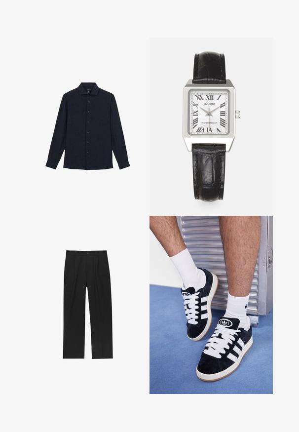 Reiss REGULAR FIT - RUBAN BUTTON-THROUGH - Chemise - navy; Polo à manches courtes en crème avec texture côtelée et col plat. Présente un ourlet droit et un matériau doux pour le confort.; Pantalons noirs au design droit, fabriqués à partir d'un tissu lisse. Dotés de plis sur le devant et d'une fermeture à un bouton à la taille.; Baskets en suede noir avec des lacets blancs et trois rayures blanches. Présente un logo circulaire noir sur la languette et une semelle en caoutchouc beige.; Montre carrée argentée avec un cadran blanc, des chiffres romains noirs et le texte "WATER RESIST". Bracelet en cuir noir avec une finition texturée.