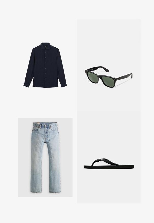 Reiss REGULAR FIT - RUBAN BUTTON-THROUGH - Chemise - navy; Jean en denim bleu clair avec une coupe droite, design à cinq poches et surpiqûres contrastantes. Comprend une fermeture éclair et un bouton métallique.; Tong sandale en caoutchouc noir avec une bride en T texturée et une semelle plate simple, montrée de côté sur un fond clair.; Lunettes de soleil en plastique noir avec verres verts, monture carrée, accent argenté sur le sourcil et branches texturées. Marque indiquée sur l'intérieur de la branche.