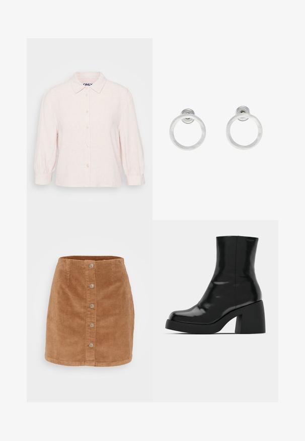 Light pink linen shirt with a button-up front, a classic collar, and three-quarter length puffed sleeves. Material has a subtle texture.; Corduroy mini skirt in light brown featuring a button front, seven silver-tone buttons, and a textured, ribbed fabric.; Black ankle boots with a glossy finish, square toe, and a thick block heel. The design features a seamless silhouette and minimal branding.; Silver metal hoop earrings with a brushed texture, featuring a circular design and a clear post back for secure wear.