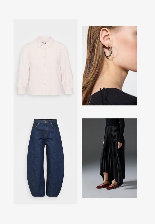 Camisa de linho de cor rosa claro com fecho de botões à frente, colarinho clássico e mangas bufantes até três quartos. O material possui uma textura sutil.; Jeans de ganga azul escura de cintura alta, com pernas largas, fecho frontal por botão e zipper, e design clássico de cinco bolsos.; Saia preta plissada com bainha assimétrica, combinada com sapatilhas vermelhas brilhantes com um design de tiras. O tecido tem uma textura suave.; Brinco de argola prateada com acabamento polido, apresentando pequenos detalhes em dourado e uma forma redonda, usado na orelha.