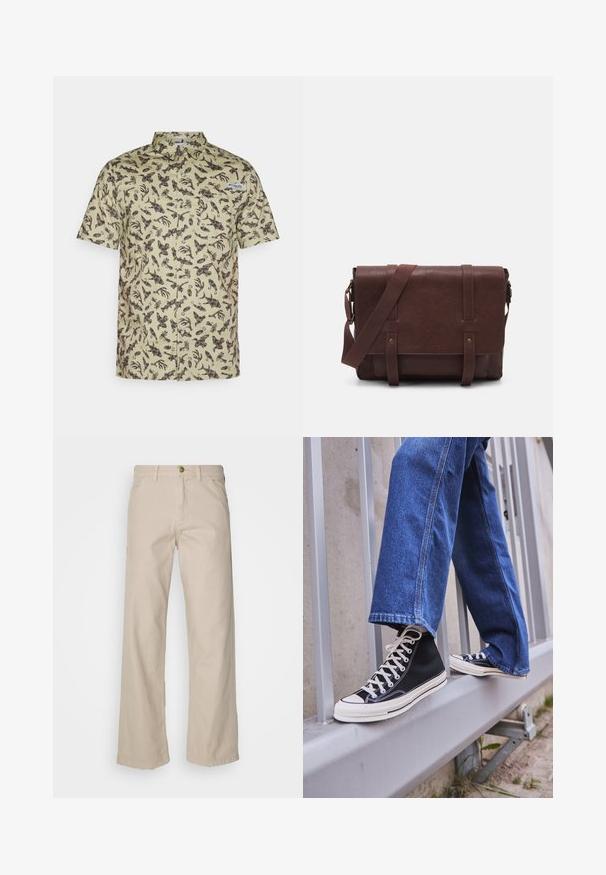 Košile s krátkým rukávem v světle zelené bavlně s tmavě hnědým abstraktním vzorem, s náprsní kapsou a límcem.; Šedé bavlněné tričko s kulatým výstřihem, krátkými rukávy a jednoduchým designem, má měkkou, hladkou texturu a žádné viditelné vzory ani ozdoby.; Béžové bavlněné kalhoty širokého střihu s pěti kapsami, zapínáním na knoflík a poutky na opasek; hladká textura se rovný střih a lem.; Černé vysoké tenisky s bílou podrážkou a tkaničkami, v kombinaci s volnými modrými džíny, odpočívající na šedém zábradlí.; Hnědá kožená taška přes rameno s plochým předním klopem, dvěma popruhy, zlatými kovovými detaily a nastavitelným ramenním popruhem.