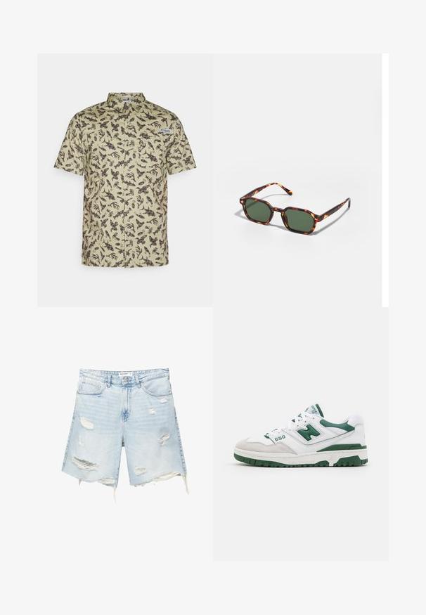 Hihaton napillinen paita vaaleanvihreästä puuvillasta, jossa on tummanruskea abstrakti kuvio. Paidassa on rintatasku ja kaulus.; Vaaleansiniset farkkushortsit, joissa on kulutettuja yksityiskohtia, revitty helma, viisi taskua, metallinapeilla suljettava ja vyölenkit. Rennon, väljän istuvuuden muotoilu.; Valkoinen urheilukengä, jossa on vihreitä yksityiskohtia, teksturoitua nahkaa ja mokkaa, rei'itettyjä yksityiskohtia, pehmustettu kaulus ja kumipohja. Mallinumero 550.; Kilpikonnakuosiset aurinkolasit vihreillä linsseillä, joissa on oktaalinen muoto ja kapeat, kaarevat varret. Materiaalissa on kiiltävä pinta.