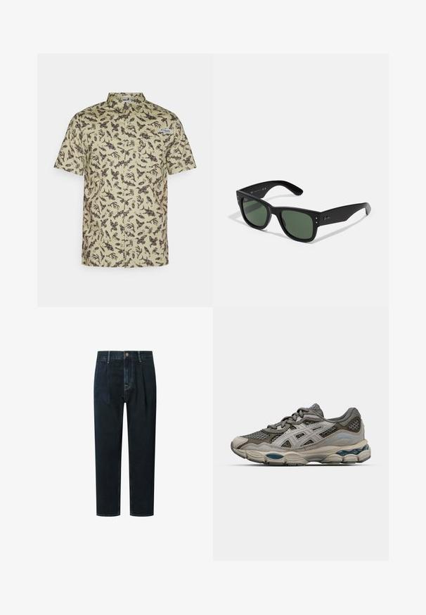 Hihaton napillinen paita vaaleanvihreästä puuvillasta, jossa on tummanruskea abstrakti kuvio. Paidassa on rintatasku ja kaulus.; Tummansiniset farkut, joissa on rento malli, korkea vyötärö, laskokset, etupainike ja kultaiset kontrastitikkaukset.; Harmaa ja beige urheilukenkä, jossa on verkkomaisia paneeleja, pistekuviointi ja hopeisia yksityiskohtia. Varustettu pehmeällä pohjalla ja nauhoilla.; Mustat suorakulmaiset aurinkolasit vihreillä linsseillä, mattapinta, hienovaraiset metalliosat ja kohokuvioitu logo sankassa.