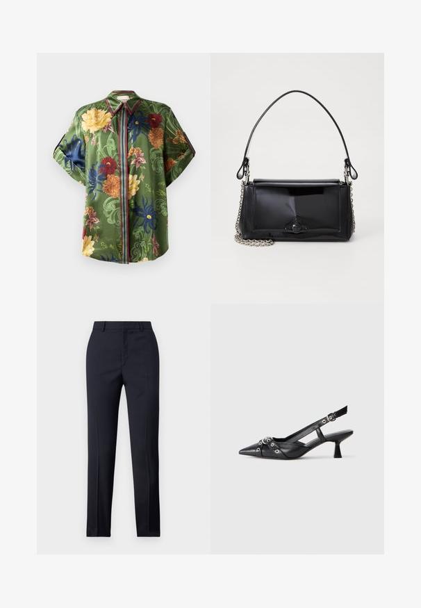 Zelená kvetinová košela vyrobená z saténu s mnohobarevnými kvetinovými vzormi, špicatým golierom a pruhovanými akcentmi pozdĺž gombíkovej légie a rukávov.; Námornícke nohavice s rovnými nohavicami, so hladkou textúrou, dvoma prednými vreckami a čistým pásom.; Čierne kožené slingback topánky s špicatou špičkou, ozdobnými popruhmi s kovovými očkami a nízkym blokovým podpätkom. Textúrovaný povrch.; Čierna laková kožená kabelka s obdĺžnikovým tvarom, reťazovým popruhom a výrazným hardvérovým prvkom v strede. Hladká textúra.