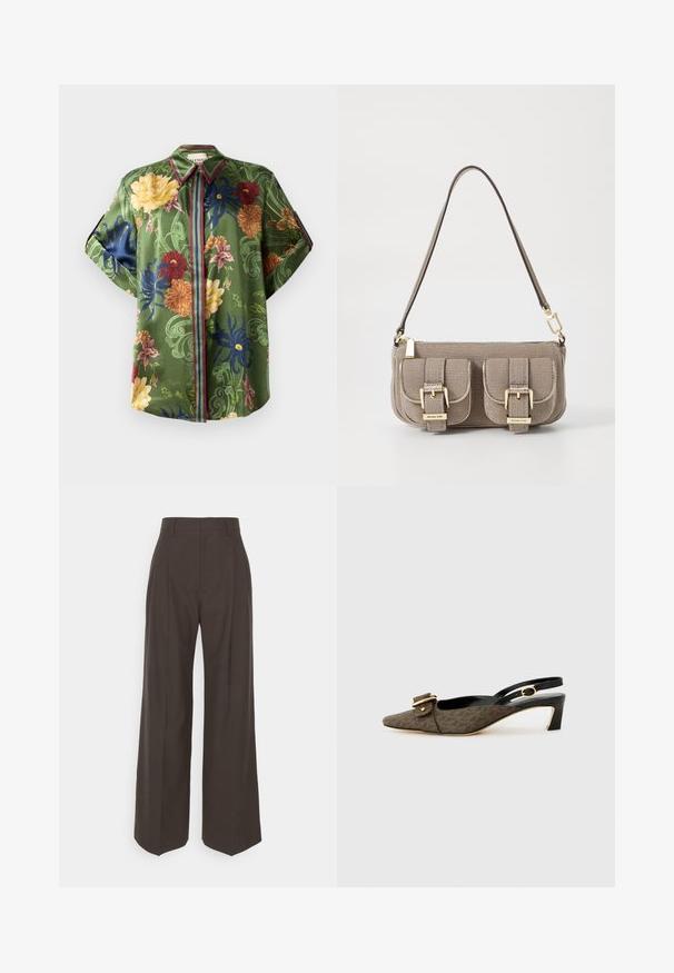 Zelena cvetna srajca iz satena z večbarvnimi cvetličnimi vzorci, koničastim ovratnikom in črtastimi poudarki ob gumbu in rokavih.; Temno rjave široke hlače z visokim pasom, ki imajo lepo stisnjene gube, gladko teksturo in krojen fit.; Slingback pete s koničastim prstom, rjavo vzorčasto blago, podrobnost z zlatim sponko, črni usnjeni trak in kratek blokast peti.; Bežna teksturirana torba z nastavljivim trakom, z dvema sprednjima žepoma, zaklenjenima s sponkami, ter z zlatimi kovinskimi dodatki. Zadrga na vrhu.