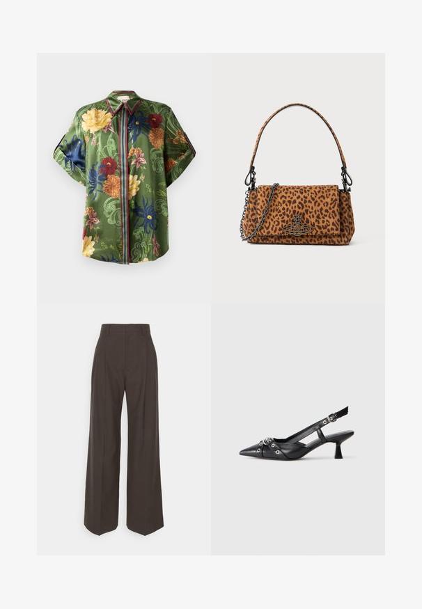 Camisa floral verde em satin com padrões florais multicoloridos, gola pontuda e detalhes listrados ao longo da pala dos botões e das mangas.; Calças largas castanhas escuras com cintura alta, apresentando pregas bem vincadas, textura suave e um corte ajustado.; Sapato slingback em couro preto com biqueira fina, tiras decorativas com ilhós de metal e um pequeno salto quadrado. Superfície texturizada.; Bolsa de pele de leopardo feita de camurça, com uma alça curta, uma correia de corrente e um fecho de metal preto. Forma retangular com fecho de aba.