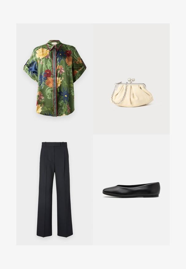 Green floral shirt made of satin with multicolored floral patterns, pointed collar, and striped accents along the button placket and sleeves.; Dark blue pinstriped trousers with a high waist, wide leg design, and no visible hardware or embellishments. Smooth texture and tailored fit.; Paul Smith TOPANGA - Ballet pumps - black; Pleated beige leather clutch with a silver metal frame, featuring two round decorative clasps and a silver chain strap.