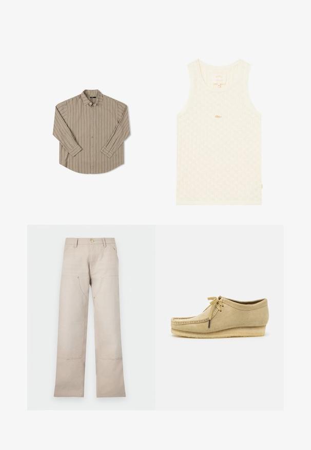 Béžová dlouhá košile s dlouhým rukávem, svislými pruhy, jednou kapsou na hrudi, límcem na knoflíky a zaobleným lemem. Hladká textilie.; Krémová tílko s ribovanou texturou a malými diamantovými vzory. Má kulatý výstřih a jemné zlaté logo.; Beige bavlněné kalhoty se střihovanými nohavicemi, které mají dvě přední kapsy a dva zipové detaily. Zlaté kovové prvky. ; Béžová semišová bota s šněrovacím designem, prošívanými detaily a gumovou podrážkou. Tvar je ležérní s mírným klínovým podpatkem.
