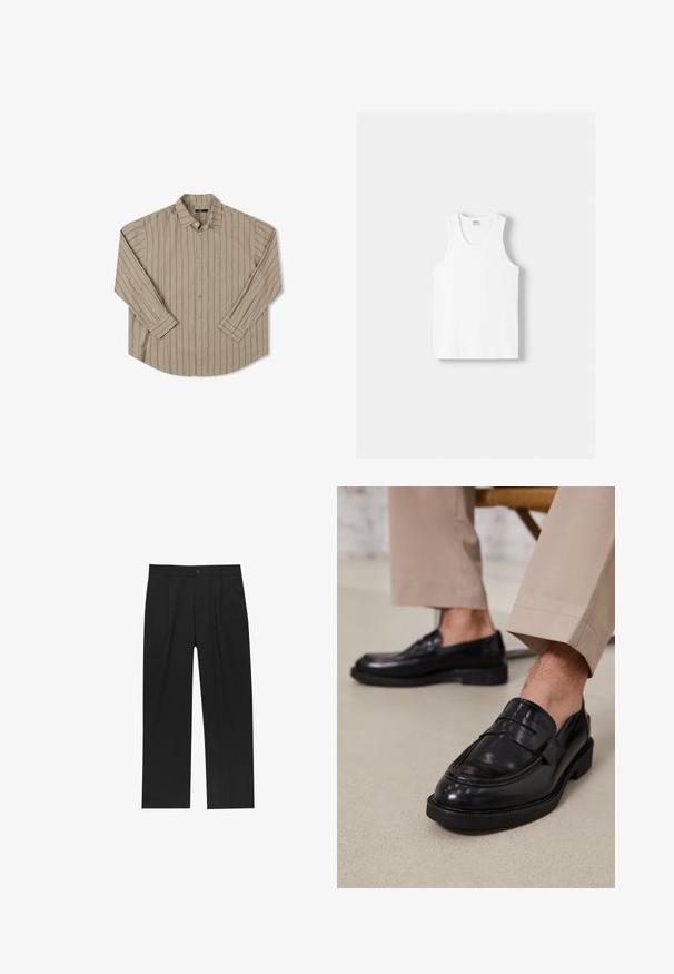 Beige langhemd met lange mouwen en verticale strepen, enkele borstzak, button-down kraag en ronde zoom. Gladde stofstructuur.; Witte katoenen tanktop met een ronde halslijn, brede schouderbanden en een rechte zoom, met een gladde textuur en zonder zichtbare patronen.; Zwarte broeken met een recht model, gemaakt van een gladde stof. Voorzien van een voorplooien en een enkele knoopsluiting bij de taille.; Zwarte leren loafers met een gladde afwerking, voorzien van een decoratieve band en contrasterende stiksels, gecombineerd met beige broeken.