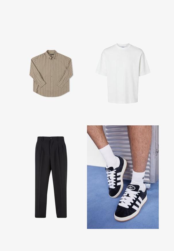 Bežinė ilgos rankovės marška su vertikaliomis juostelėmis, viena krūtinės kišenė, mygtukų prie kaklo ir apvaliu apvadu. Sklandi medžiagos tekstūra.; Balta medvilninė marškinė su trumpomis rankovėmis, apvaliu iškirpimu ir laisvu siluetu. Lygus paviršius be matomų raštų ar akcentų.; Juodi kelnių su raukšlėtu priekiu dizainu, pagaminti iš lygaus audinio. Su mygtuko užsegimu ir diržo kilpomis; tiesios kojų formos.; Juodos zomšos sportbačiai su baltais raišteliais ir trimis baltais dryžiais. Ant liežuvėlio yra apvalus juodas logotipas, o pado medžiaga – guminė.