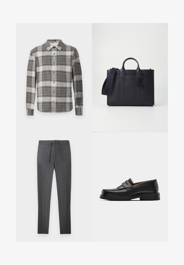 Srajca s dolgimi rokavi v črno-bež karirastem vzorcu. Ima zapenjanje na gumb, klasični ovratnik in raznovrstne karirane vzorce. Mehka tekstura tkanine.; Temno sivi tapered hlače z elastičnim pasom in vrvico, z nežnimi pregibi na sprednji strani.; Črne usnjene loafersice imajo dvignjen šiv, dve dekorativni trakovi na zgornjem delu in debel strukturiran podplat za boljši oprijem.; Temno mornarsko usnjeno aktovko z dvema zgoraj ročaji in odstranljivim trakom. Ima teksturirano površino, navpične šive in podrobnost z logotipom.