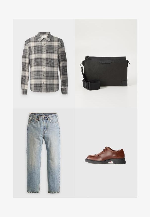 Hosszú ujjú kockás ing fekete és krémszínekben. Gombos elülső rész, klasszikus gallér és változatos kockaminta jellemzi. Puha szövet textúra.; Világoskék farmernadrág magas derékkal, elülső gombbal, cipzárral és öt zsebbel, sima háttérre fektetve.; Barna bőr dresszcipő lekerekített orral, kontrasztos varrással, fűzős kialakítással és texturált fekete gumitalppal.; Fekete bőr keresztbody táska textúrás felülettel, cipzárral és állítható pánttal. Logó címke elöl. Téglalap alakú.