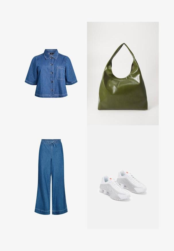 Kurzarmpje Jeansjacke in Dunkelblau mit weißen vertikalen Streifen, Knopfverschluss, Kragen und Fronttasche. Glatte Textur und lässiges Design.; Blaue Jeans-Breitbein-Hosen mit weißen vertikalen Streifen. Verfügt über einen Gummizug an der Taille und eine glatte Textur. Sichtbare Akzentnähte.; Weiße Sportschuhe mit grauen Akzenten, die eine strukturierte Oberseite, Belüftungsperforationen und eine segmentierte Ferse für Dämpfung aufweisen.; Grüne Leder-Hobo-Tasche mit einem lässigen Design, gebogenem Griff und glatter Textur. Enthält keine sichtbaren Beschläge oder Akzente.