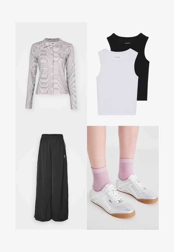 Obey Clothing NOISE - Košilová halenka  - blanc multi; Dvě bezramínková trička v černé a bílé barvě, vyrobená z žebrované bavlny, s kulatými výstřihy a přiléhavým střihem. Obojí má viditelné štítky.; Černé volné sportovní kalhoty vyrobené z hladké tkaniny. Mají elastický pas a boční pruhy s logem.; Stříbrné sportovní boty s bílými akcenty a gumovými podrážkami, spárované s růžovými žebrovanými ponožkami, které ukazují nízký profil.