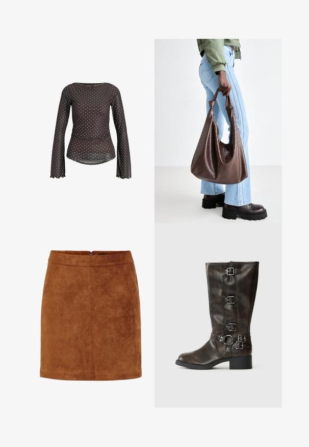 Brown long-sleeve top made of sheer fabric, featuring a ruched design and white polka dots. Scalloped cuffs with a round neckline.; Brown suede mini skirt with a smooth texture, straight cut, and a discreet back zipper. Features seam detailing for structure.; Brown leather knee-high boots with multiple buckles, a round toe, and a low chunky heel. Features a textured finish and adjustable straps.; Brown woven leather tote bag with knotted handles, carried by a person in light blue jeans and black chunky shoes. Smooth, textured surface.
