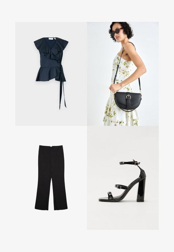 Top in seta blu navy con maniche arricciate e vita legata. Orlo svasato con strati di volant, che mettono in risalto il design strutturato.; Pantaloni neri a gamba dritta, con tasche frontali e spacchi laterali all'orlo. Realizzati in tessuto morbido e liscio. Adatti a diverse occasioni.; Sandali con tacco in vernice nera, con punta squadrata, cinturini alla caviglia e fibbie in argento. Presentano un tacco a blocco spesso per maggiore stabilità.; Borsa a tracolla nera in pelle con una forma curva, manico rimovibile e accessori dorati. La borsa presenta una patta con un dettaglio a fibbia.