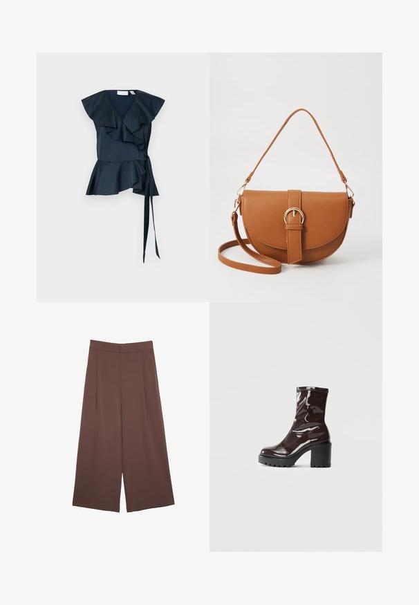 Sininen silkkitoppi, jossa on röyhelöhihoja ja solmittava vyötärö. Reilusti levenevä helma, jossa on kerroksellisia röyhelöitä, korostamassa muotoiltua suunnittelua.; Ruskeat leveälahkeiset housut, joissa on sileä pinta, korkea vyötärö ja etupleat. Kangas on kevyttä ja laskeutuu väljänä.; Satea bordeaux berwarna mengkilap dengan tumit hitam tebal, menampilkan tekstur halus dan desain sederhana. Tanpa pengikat atau pola yang terlihat.; Ruskean nahkainen olkalaukku, jossa on kaareva muoto, kultaiset yksityiskohdat ja solkiyksityiskohta. Varustettu irrotettavalla olkahihnalla.