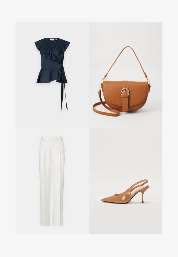 Navy silk wrap top featuring ruffled sleeves and a tied waist. Flared hem with layered ruffles, accentuating the structured design.; White pinstriped trousers with a straight leg design, made from a lightweight fabric. Features pleats at the front and a traditional waistband.; Pointed toe slingback heel in a smooth, glossy tan material. Features a curved cutout design and a slender stiletto heel. Silver buckle detail.; Brown leather crossbody bag with a curved shape, gold hardware, and a buckle accent. Features a detachable shoulder strap.