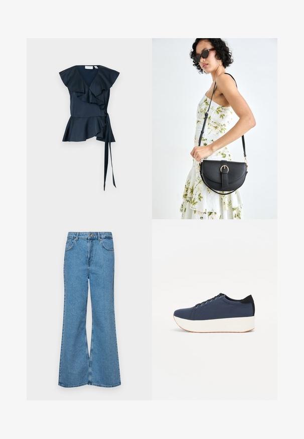 Navy selyem átkötős felső fodros ujjal és megkötős derékkal. A bővülő alja réteges fodrokkal rendelkezik, kiemelve a strukturált dizájnt.; Világoskék, trapézszárú farmernadrág, magas derékkal, öt zsebbel és egy gombos záródással. Puha tapintású, magasított effektusú anyag.; Sötétkék sportcipő, texturált szövet felsőrész, fehér platform talp, lekerekített orr és fekete sarok akcentussal. Hat fűzőlyuk található rajta.; Fekete bőrtáska ívelt formával, levehető pánttal és arany színű fémrészekkel. A táskán egy csattal díszített fedél található.