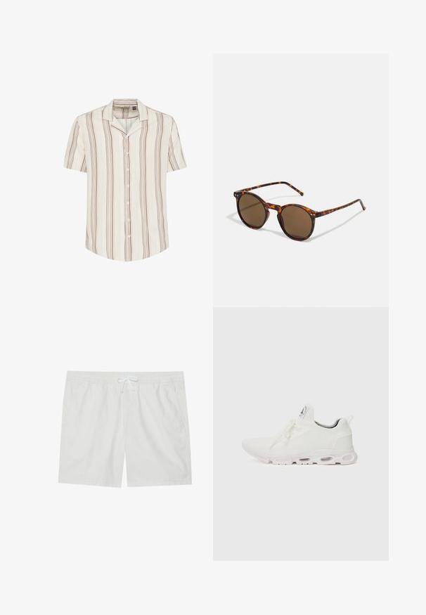 Lühikese varrukaga nööbiga särk heleses koorekollases toonis, millel on vertikaalsed pruunid ja tuhm kollased triibud. Pehme kangas, lõdva silueti ja kraega.; Valged puuvillased lühikesed püksid elastse vöökoha ja paelaga, kahel külgtaskul ja puhtaid jooni, pakkudes lihtsat kujundust.; Valged sportijalatsid, millel on tekstuuriga kudum peal, lame paelad ja pehmendatud tallad nähtavate õhukambritega täiendava toe jaoks.; Ringikujulised prillid kilpkonnakuju raami ja pruuni läätsedega. Omavad õhukesi templeid kerge tekstuuriga ja metallaktsente läätsede lähedal.