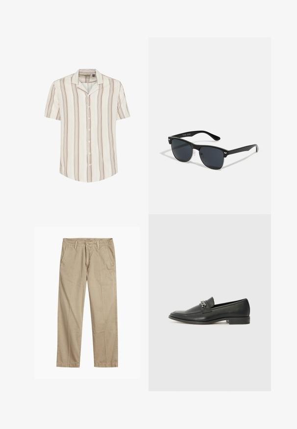 Kratka majica s kratkimi rokavi v svetlem kremnem odtenku z navpičnimi rjavimi in zatemnjenimi rumenimi črtami. Mehka tkanina s sproščenim krojem in ovratnikom.; Bežne bež hlače ravnega kroja z zanko za pas, sprednjim gumbom in zadrgo ter bočnimi žepki.; Črni usnjeni loafer z gladko površino, ki ima šivano zasnovo in dekorativni kovinski verižni naglas preko vampirja. Ravno peto.; Črne sončne naočare pravokotne oblike, temna leča, srebrni detajli na ušesih in mat površina na okvirju.