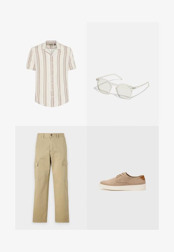 Camicia a maniche corte con bottoni di colore crema chiaro, decorata con strisce verticali marroni e giallo tenue. Tessuto morbido, vestibilità rilassata e colletto.; Pantaloni cargo beige in cotone, dotati di due tasche laterali, chiusura con bottone e gamba dritta con tessuto leggermente texture.; Sneaker in suede beige con punta arrotondata, stringhe davanti e un accento testurizzato sul retro. La suola in gomma bianca offre un contrasto. Design semplice e moderno.; Occhiali da sole rotondi con una montatura trasparente, lenti verde chiaro e stemmi sottili e trasparenti. Presentano sottili dettagli hardware sulla montatura.
