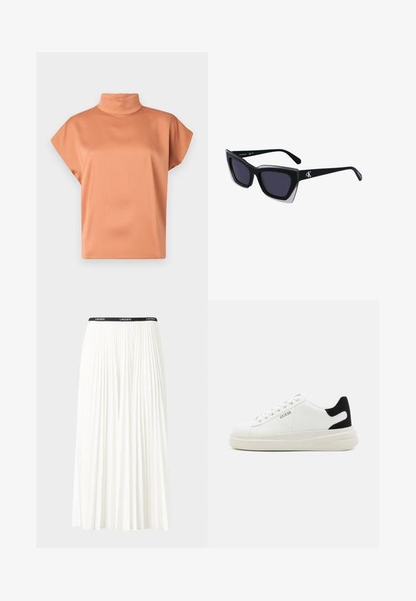 Maglietta a maniche corte con collo alto in un morbido colore terracotta, caratterizzata da una texture liscia e una vestibilità rilassata senza chiusure visibili o motivi.; Gonna bianca plissettata con elastico nero in vita che presenta il logo "LACOSTE". Design di lunghezza media con texture morbida.; Sneaker bianchi in pelle con suola spessa bianca, accento in suede nero sul tallone e logo impresso sul lato. Design con lacci e sei fori per i lacci.; Occhiali da sole oversize neri dalla forma geometrica, con lenti scure e un dettaglio grigio a contrasto sulla montatura. Logo sul braccio.