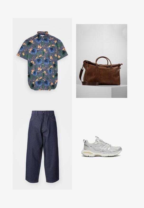 Lyhythihainen paita tummasta kankaasta, jossa on sinivihreä trooppinen kukkakuosi, nappikiinnitys edessä ja klassinen kaulus.; Tummansinisiä farkkuja, joissa on löysä, leveä lahkeiden muotoilu. Ominaisuuksiin kuuluvat nappisulku, etutaskut ja näkyvät ompeluakoristeet.; Harmaa urheilujalkine, jossa on verkkomateriaali yläosassa, synteettiset päällysteet ja paksu valkoinen pohja. Varustettu pehmustetulla nilkkareunalla ja teksturoiduilla yksityiskohdilla.; Ruskea nahkainen laukku, jossa on vetoketjuluukku, kaksinkertaiset kahvat, säädettävä olkahihna ja pinnassa näkyviä tekstuurikuviota.; Hopeakansallinen kronometri, jossa on kiillotettu ruostumattomasta teräksestä valmistettu ranneke, strukturoitu valkoinen kellotaulu, kolme alataulua ja punainen korostus minuuttiviitassa.; Hopeaketju, jossa on suuri, koristeellinen ristikoru, jossa on terävät accentit ja kiiltävä pinta. Ketju on paksu ja litteä.